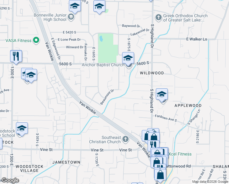 map of restaurants, bars, coffee shops, grocery stores, and more near 5724 South Laurelwood Street in Holladay