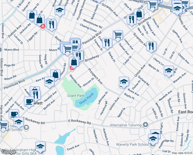 map of restaurants, bars, coffee shops, grocery stores, and more near 72 Prospect Avenue in Hewlett