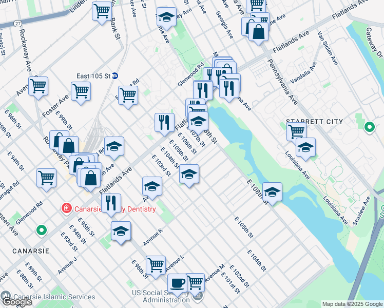 map of restaurants, bars, coffee shops, grocery stores, and more near 950 East 106th Street in Brooklyn