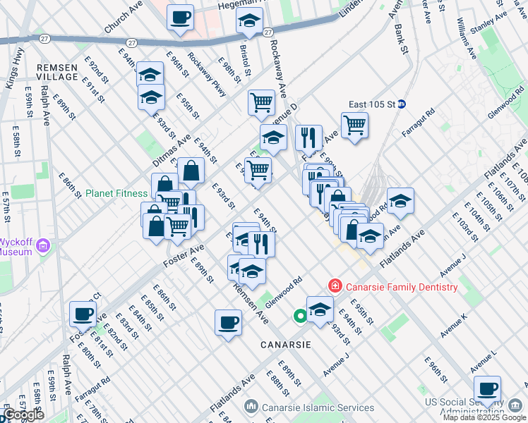 map of restaurants, bars, coffee shops, grocery stores, and more near 9411 Foster Avenue in Brooklyn