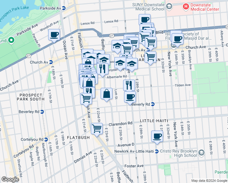 map of restaurants, bars, coffee shops, grocery stores, and more near 30 Oakland Place in Brooklyn