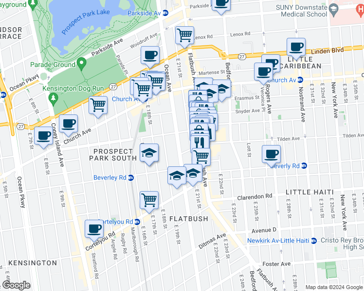 map of restaurants, bars, coffee shops, grocery stores, and more near 645 Ocean Avenue in Brooklyn