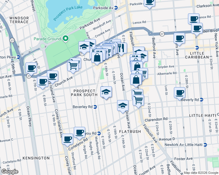map of restaurants, bars, coffee shops, grocery stores, and more near 1800 Albemarle Road in Brooklyn