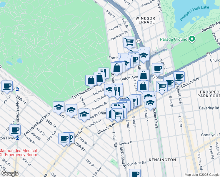 map of restaurants, bars, coffee shops, grocery stores, and more near 3301 Fort Hamilton Parkway in Brooklyn