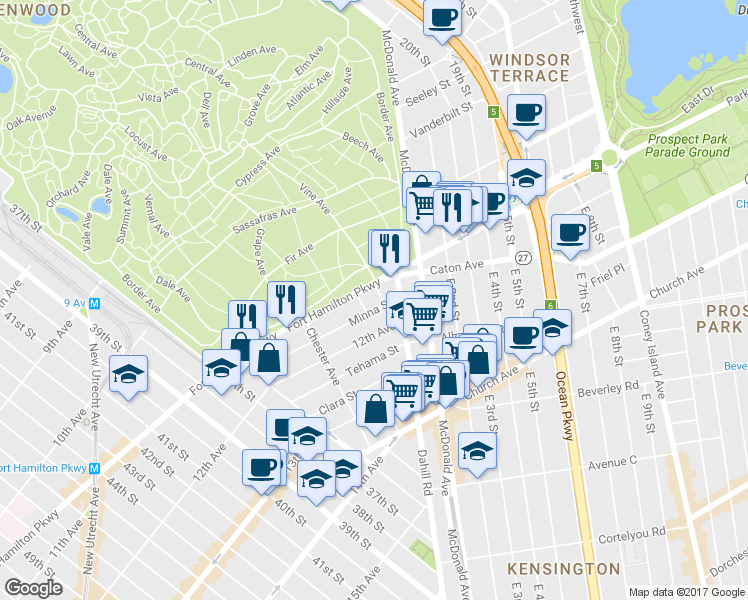map of restaurants, bars, coffee shops, grocery stores, and more near 3355 Fort Hamilton Parkway in Brooklyn