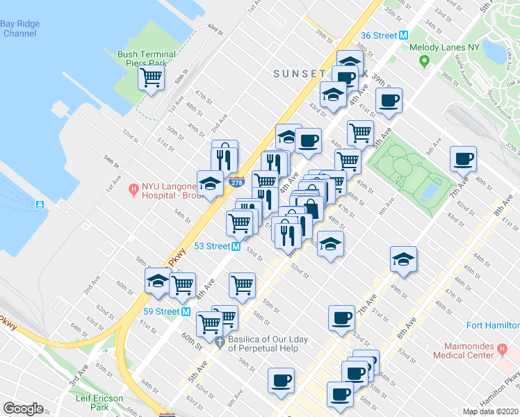 map of restaurants, bars, coffee shops, grocery stores, and more near 359 50th Street in Brooklyn