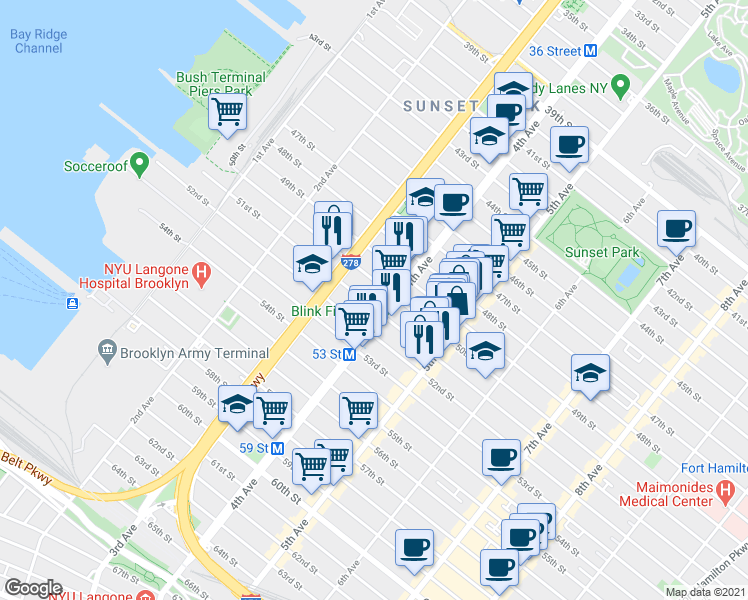map of restaurants, bars, coffee shops, grocery stores, and more near 359 50th Street in Brooklyn