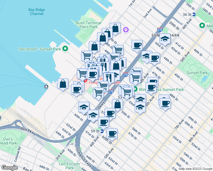 map of restaurants, bars, coffee shops, grocery stores, and more near 237 53rd Street in Brooklyn