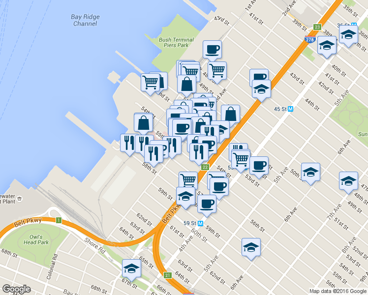 map of restaurants, bars, coffee shops, grocery stores, and more near 169 54th Street in Brooklyn