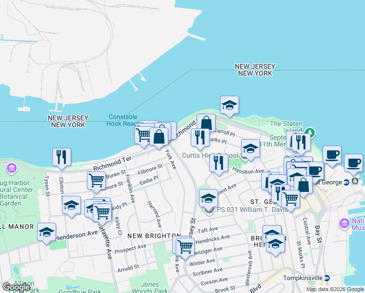 map of restaurants, bars, coffee shops, grocery stores, and more near 476 Richmond Terrace in Staten Island
