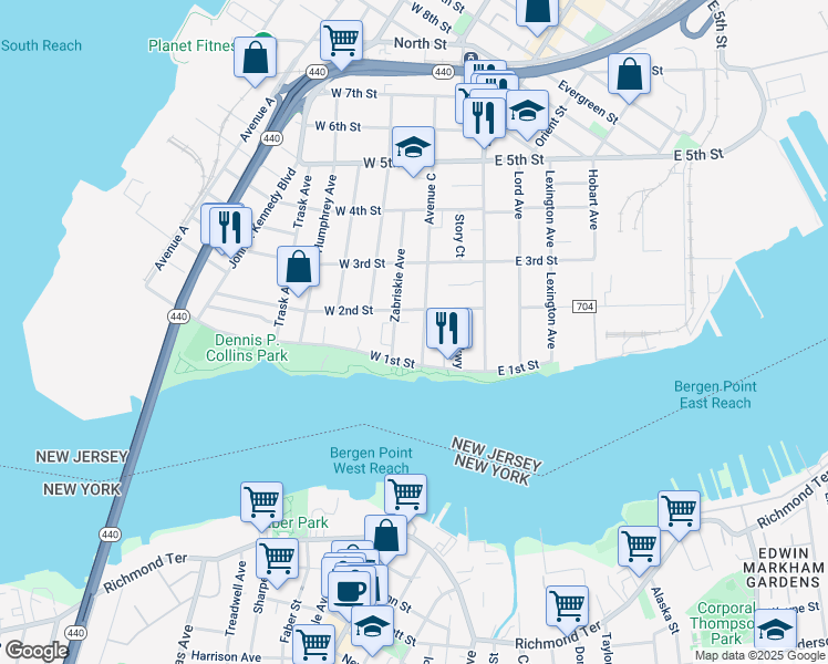 map of restaurants, bars, coffee shops, grocery stores, and more near 59 West 2nd Street in Bayonne