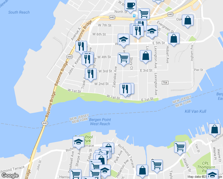 map of restaurants, bars, coffee shops, grocery stores, and more near 59 West 2nd Street in Bayonne