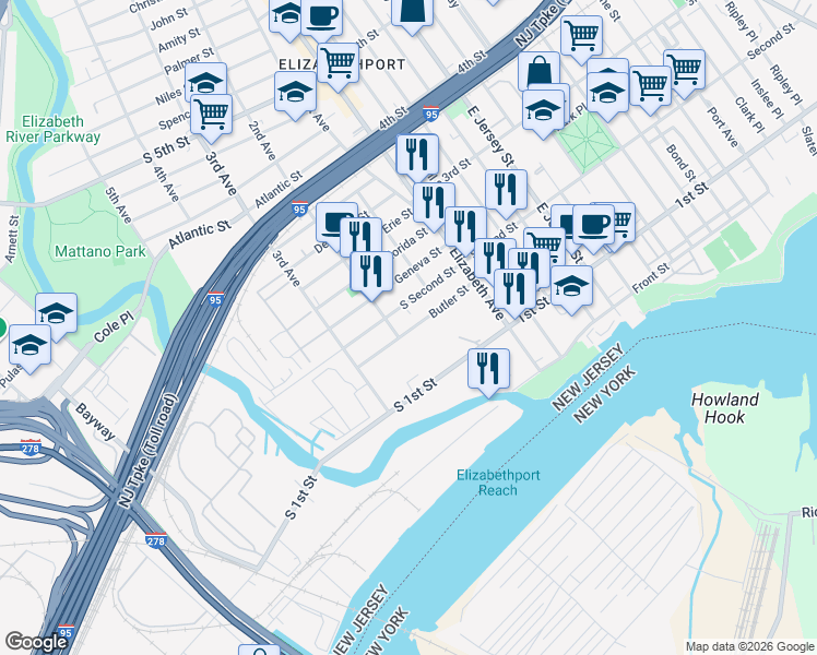 map of restaurants, bars, coffee shops, grocery stores, and more near 52 South Second Street in Elizabeth