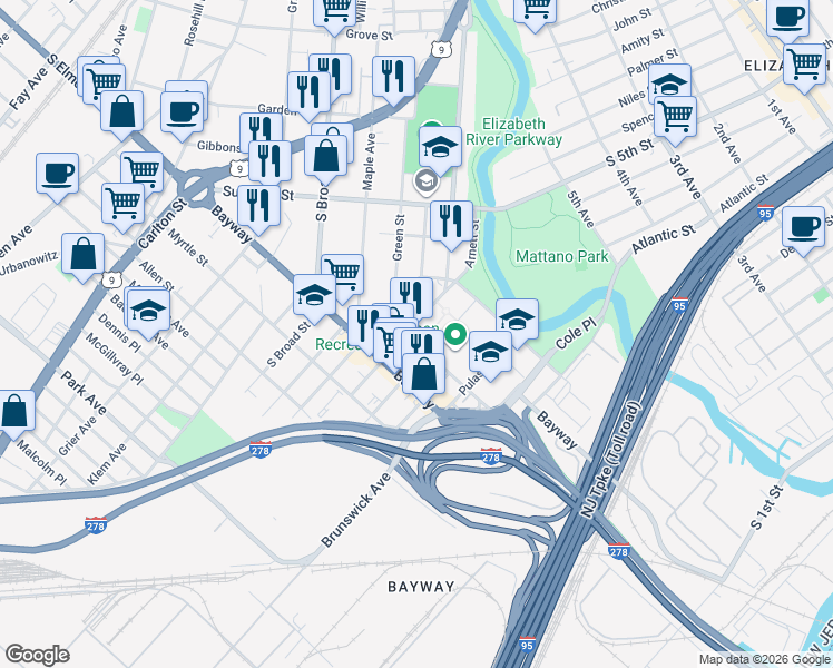 map of restaurants, bars, coffee shops, grocery stores, and more near 27 E Mravlag Manor in Elizabeth