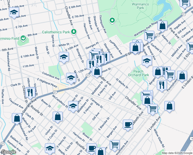 map of restaurants, bars, coffee shops, grocery stores, and more near 1190 East Saint Georges Avenue in Linden