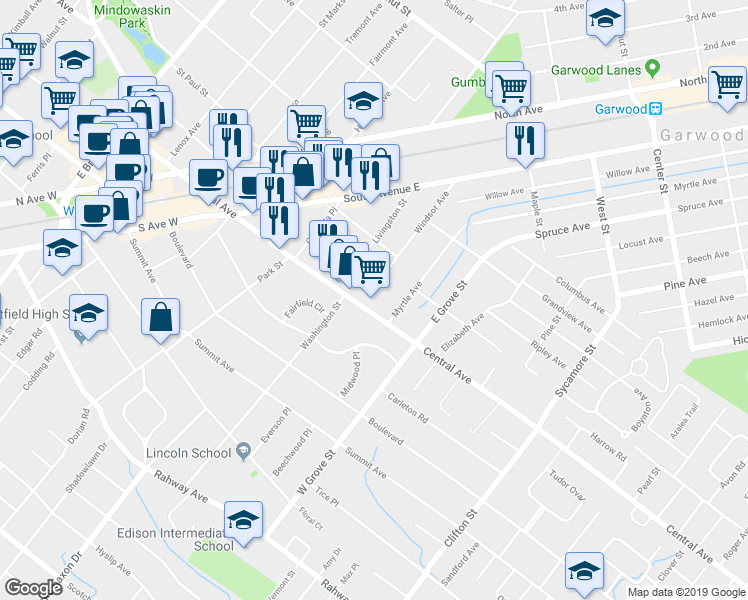 map of restaurants, bars, coffee shops, grocery stores, and more near 125 Windsor Avenue in Westfield