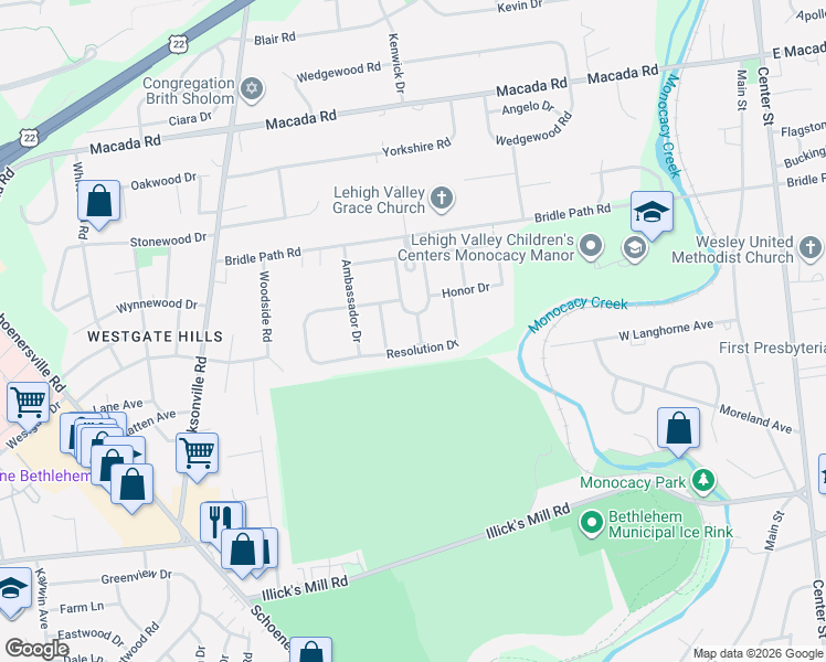 map of restaurants, bars, coffee shops, grocery stores, and more near 1011 Union Court in Bethlehem