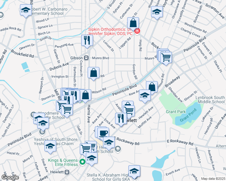 map of restaurants, bars, coffee shops, grocery stores, and more near 71 Peninsula Boulevard in Valley Stream