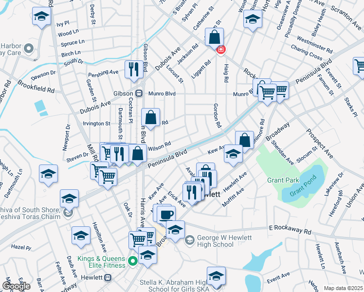map of restaurants, bars, coffee shops, grocery stores, and more near 71 Peninsula Boulevard in Valley Stream