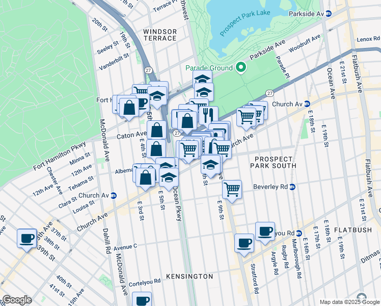 map of restaurants, bars, coffee shops, grocery stores, and more near 130 East 8th Street in Brooklyn