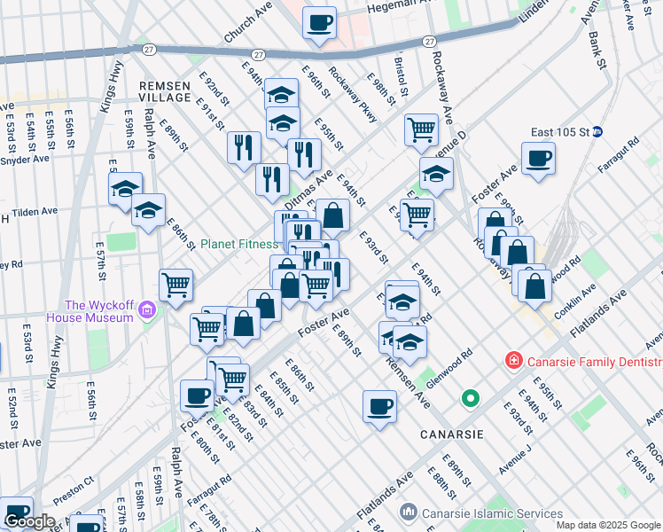 map of restaurants, bars, coffee shops, grocery stores, and more near 855 Remsen Avenue in Brooklyn