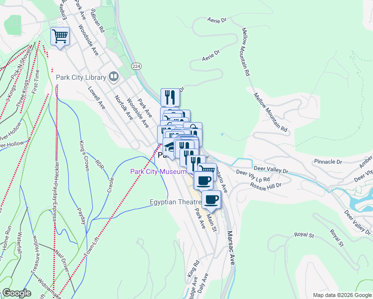 map of restaurants, bars, coffee shops, grocery stores, and more near 201 Heber Avenue in Park City