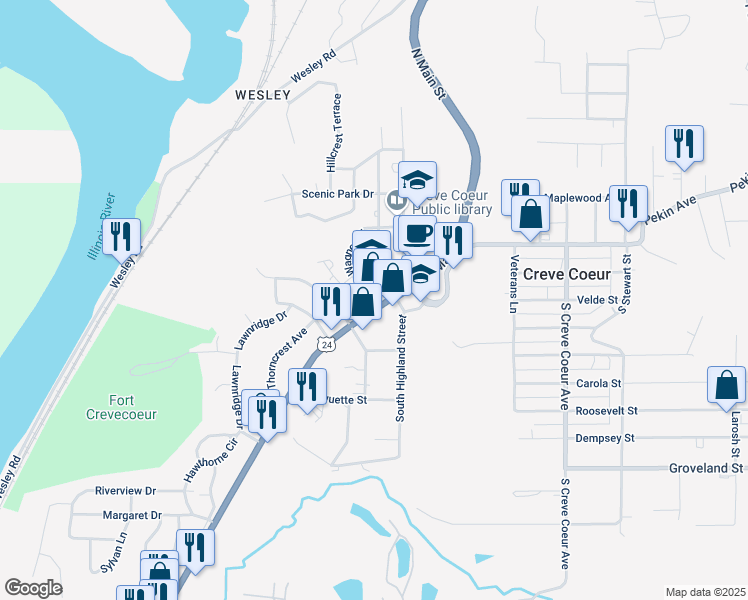 map of restaurants, bars, coffee shops, grocery stores, and more near 209 North Thorncrest Avenue in Creve Coeur