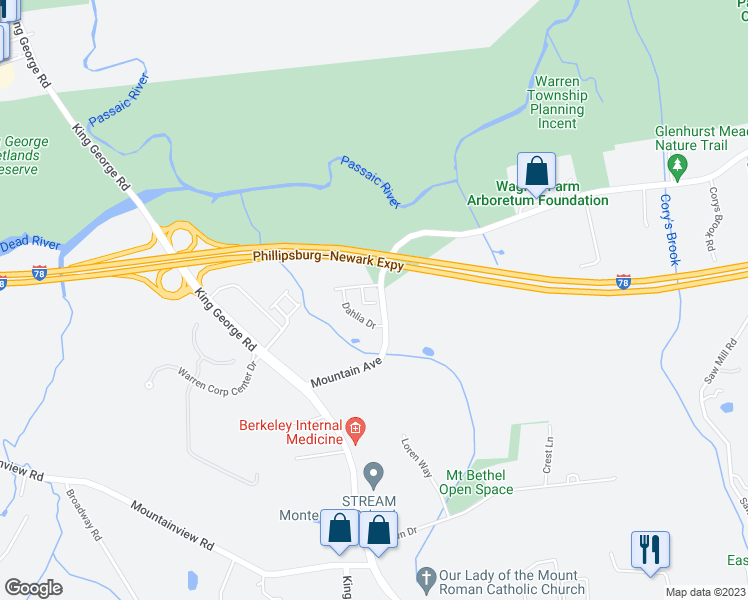 map of restaurants, bars, coffee shops, grocery stores, and more near 229-249 Mountain Ave in Warren