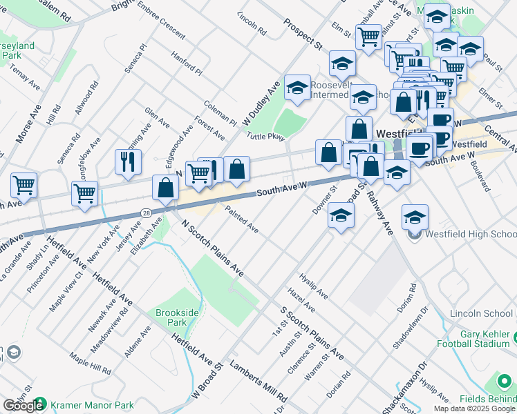 map of restaurants, bars, coffee shops, grocery stores, and more near 534 Hort Street in Westfield