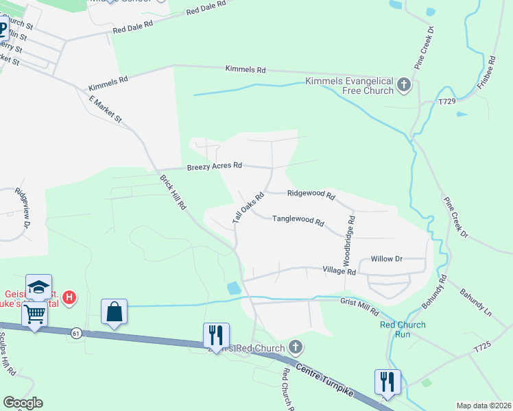 map of restaurants, bars, coffee shops, grocery stores, and more near 1805 Tall Oaks Road in Orwigsburg