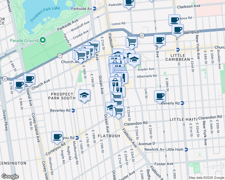 map of restaurants, bars, coffee shops, grocery stores, and more near 2109 Regent Place in Brooklyn
