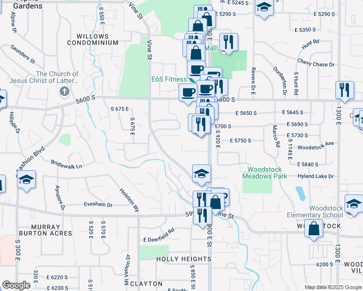 map of restaurants, bars, coffee shops, grocery stores, and more near 5700 South 900 East in Salt Lake City