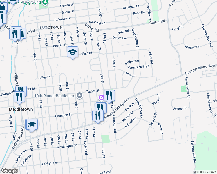 map of restaurants, bars, coffee shops, grocery stores, and more near 3919 Turner Street in Bethlehem