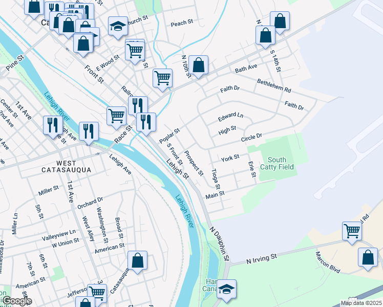 map of restaurants, bars, coffee shops, grocery stores, and more near 224 Circle Drive in Catasauqua