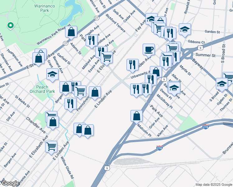 map of restaurants, bars, coffee shops, grocery stores, and more near 1900 East Linden Avenue in Linden