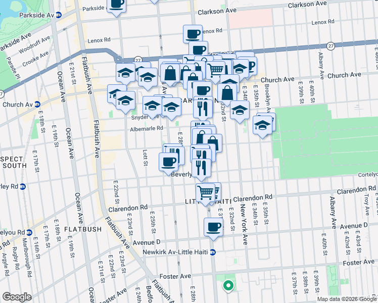 map of restaurants, bars, coffee shops, grocery stores, and more near 2901 Tilden Avenue in Brooklyn