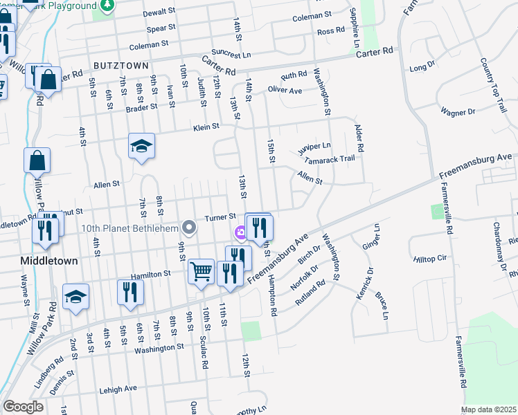 map of restaurants, bars, coffee shops, grocery stores, and more near 3919 Turner Street in Bethlehem