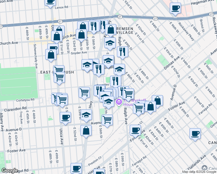 map of restaurants, bars, coffee shops, grocery stores, and more near 350 East 58th Street in Brooklyn