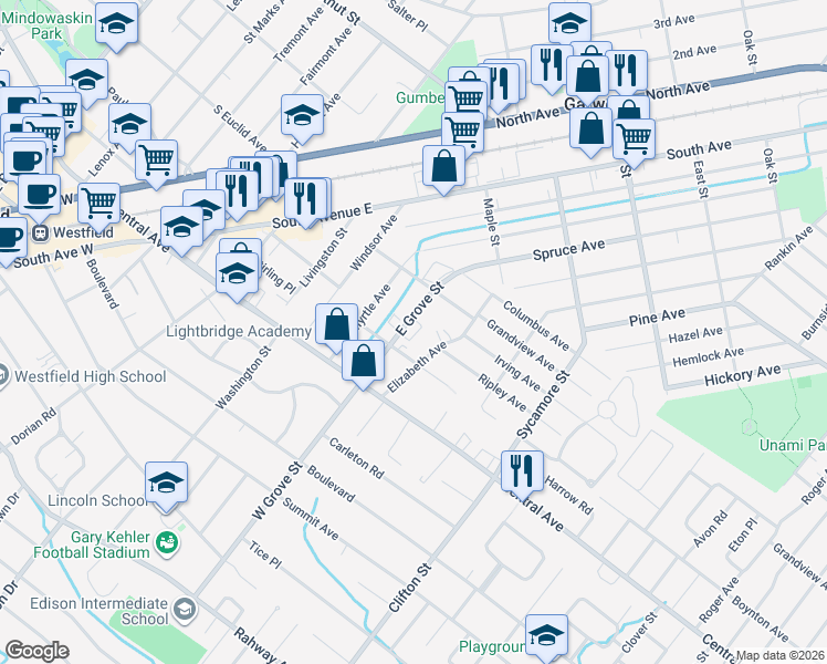map of restaurants, bars, coffee shops, grocery stores, and more near 240 East Grove Street in Westfield
