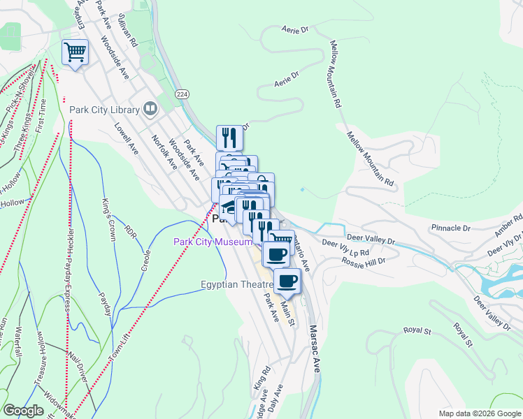 map of restaurants, bars, coffee shops, grocery stores, and more near 702 Main Street in Park City