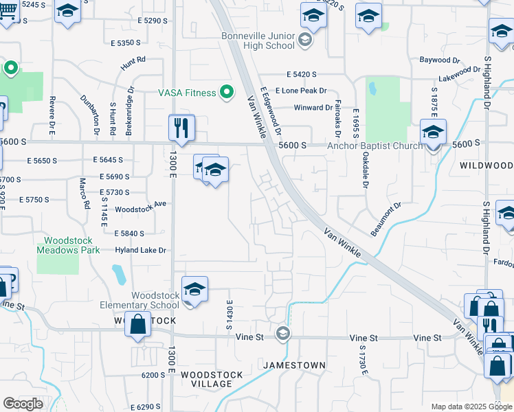 map of restaurants, bars, coffee shops, grocery stores, and more near 5840 Waterbury Drive in Murray