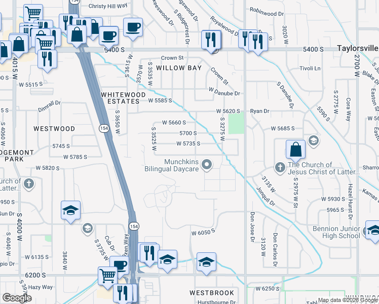 map of restaurants, bars, coffee shops, grocery stores, and more near 3392 West 5735 South in Salt Lake City