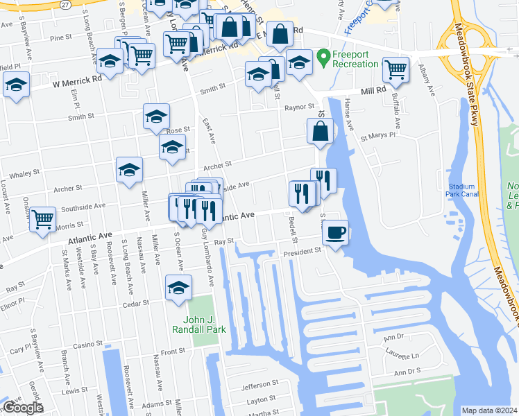 map of restaurants, bars, coffee shops, grocery stores, and more near 19 Lenox Place in Freeport