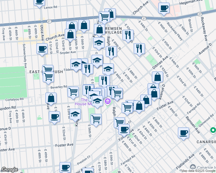 map of restaurants, bars, coffee shops, grocery stores, and more near 5818 Beverley Road in Brooklyn