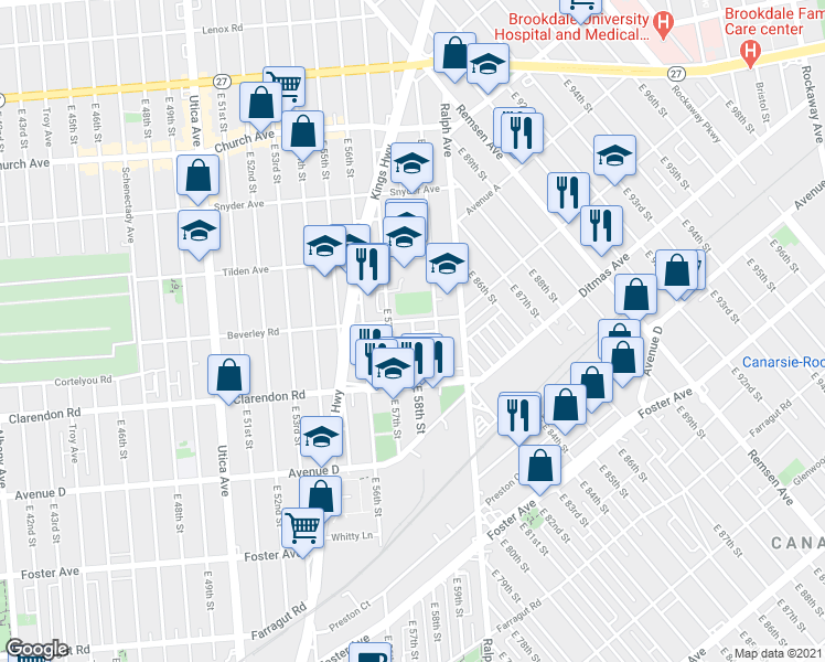 map of restaurants, bars, coffee shops, grocery stores, and more near 5818 Beverley Road in Brooklyn