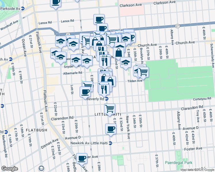 map of restaurants, bars, coffee shops, grocery stores, and more near 3021 Tilden Avenue in Brooklyn