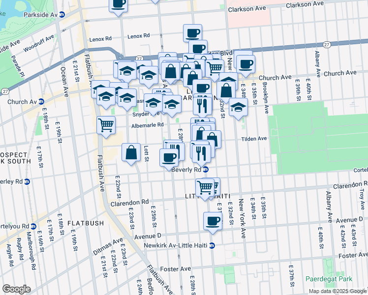 map of restaurants, bars, coffee shops, grocery stores, and more near 2715 Tilden Avenue in Brooklyn