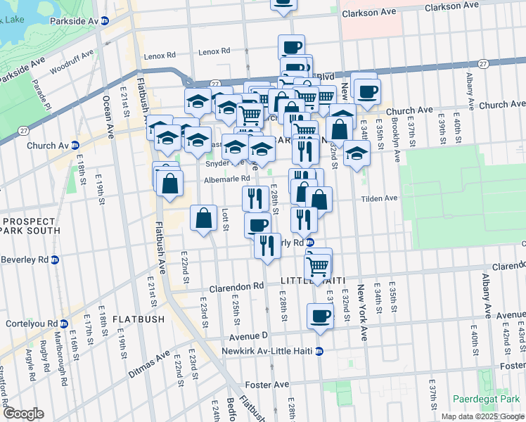 map of restaurants, bars, coffee shops, grocery stores, and more near 2715 Tilden Avenue in Brooklyn