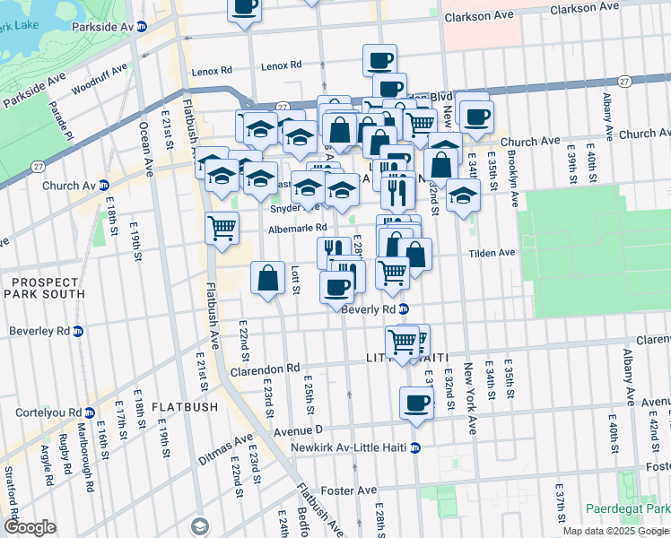 map of restaurants, bars, coffee shops, grocery stores, and more near 2715 Tilden Avenue in Brooklyn