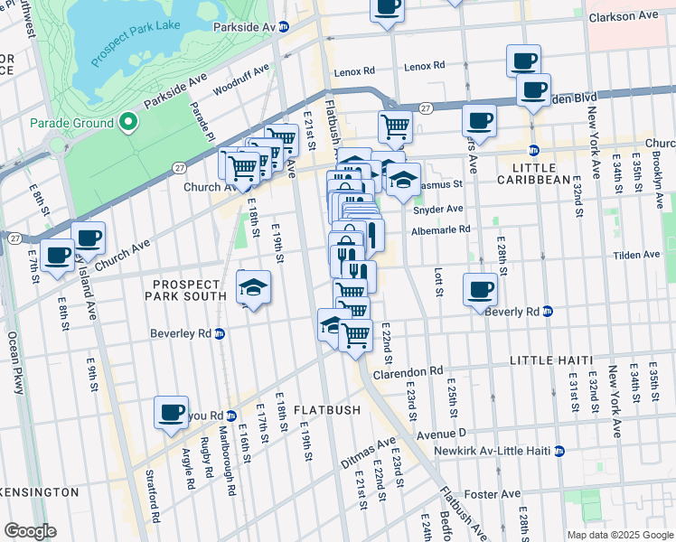 map of restaurants, bars, coffee shops, grocery stores, and more near 305 East 21st Street in Brooklyn